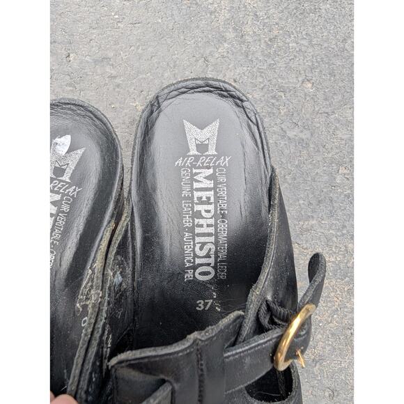 Mephisto Black Leather Wedge Sandals Womens Size 37 US 7 Studded Open Toe Buckle - Picture 5 of 8